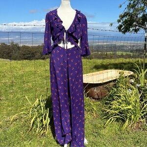 NWT Honey Punch floral purple jumpsuit Ruffle Wide leg Jumpsuit small